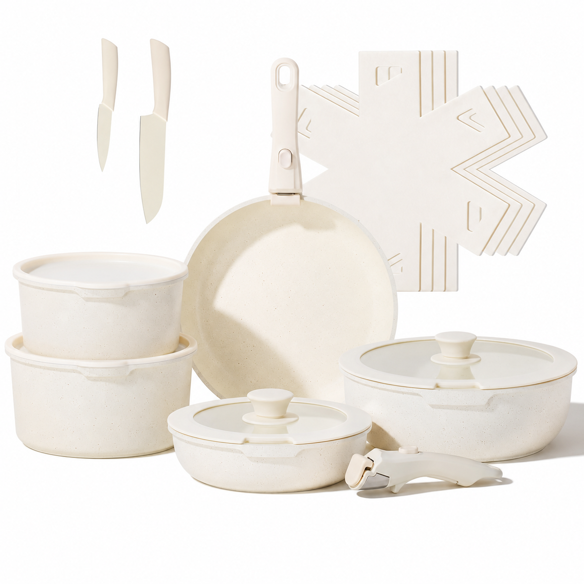 VEYUNA Cookware Set 17-Piece Nonstick, Detachable Handle, Food Meal Prep
