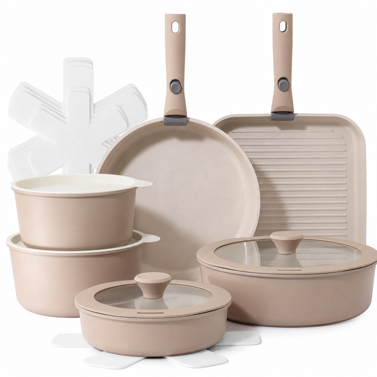 VEYUNA Ceramic Cookware Set 17-Piece, Nonstick, Detachable Handle, Meal Prep