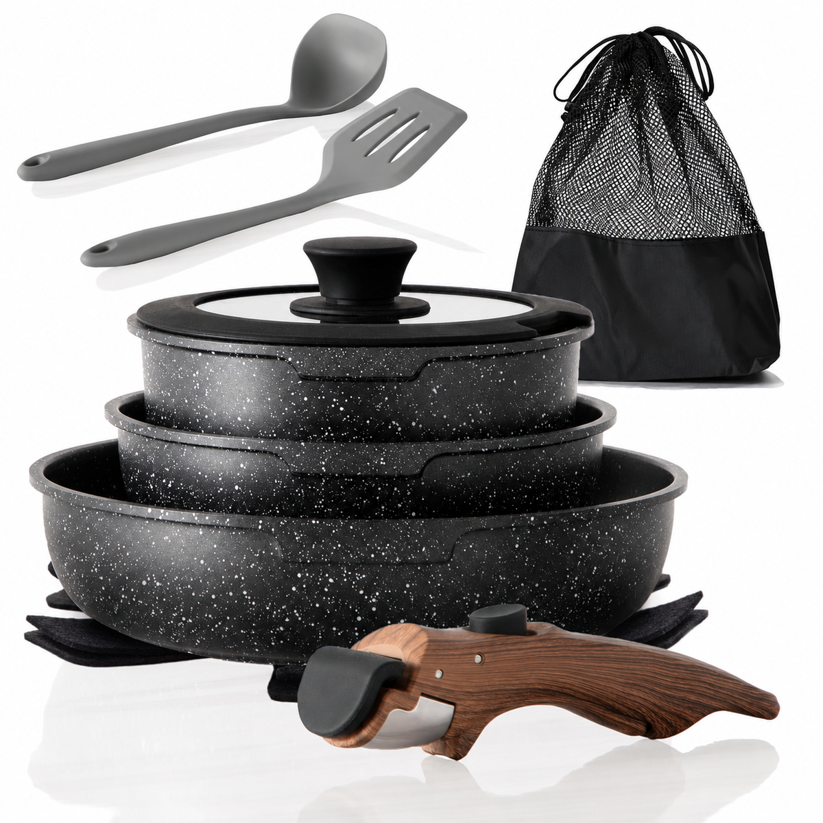 VEYUNA 10-Piece Nonstick Cookware Set, Removable Handle, Stackable, Meal Prep