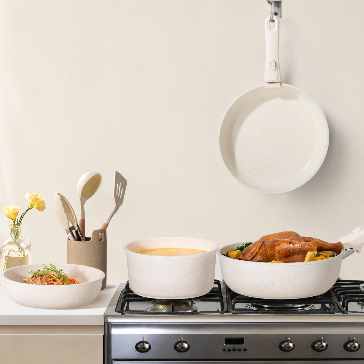 VEYUNA Cookware Set 17-Piece Nonstick, Detachable Handle, Food Meal Prep