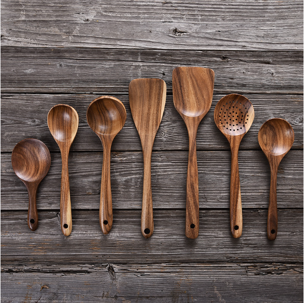 VEYUNA Teak Wood Utensil Set – 7-Piece Non-Scratch Cooking Tools