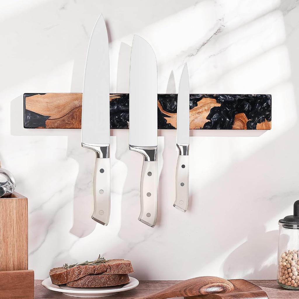 VEYUNA Magnetic Knife Holder – 16-Inch Acacia Burl Wood Bar for Food Prep Tools