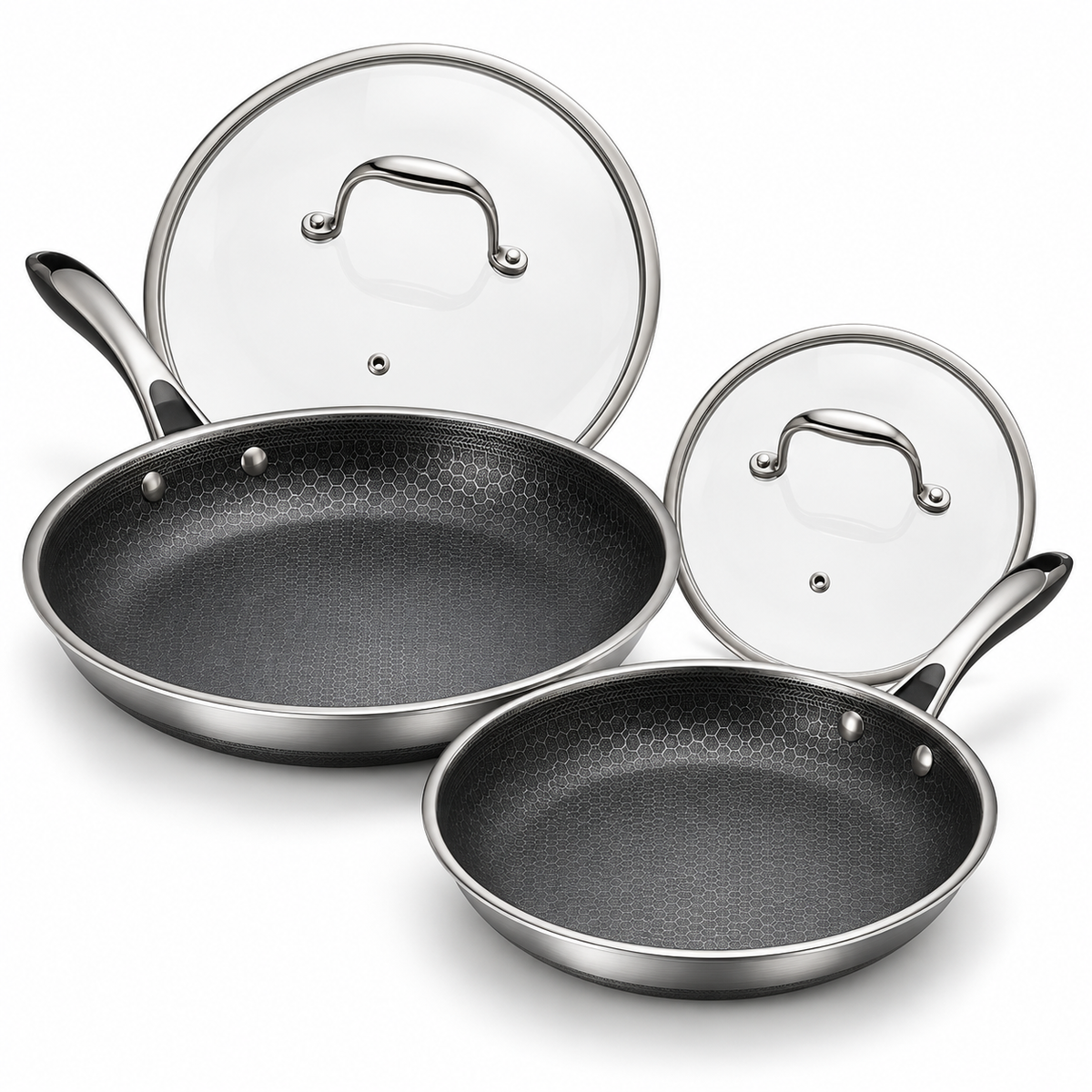 VEYUNA Hybrid Fry Pan Set with Lids Nonstick Stainless Steel 4-Piece Cookware
