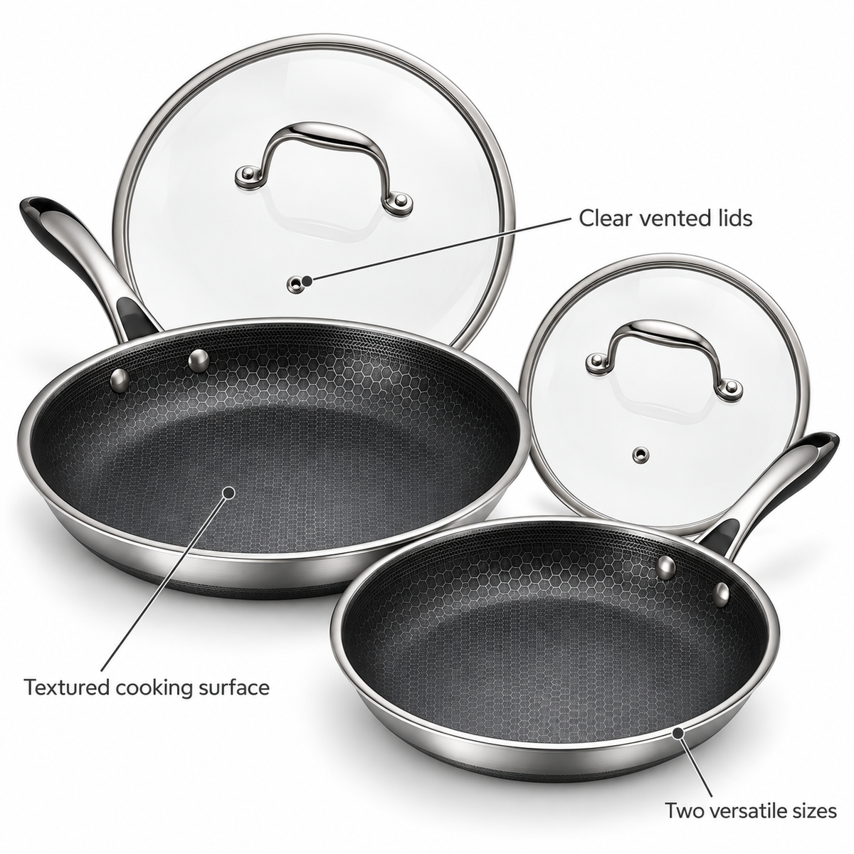 VEYUNA Hybrid Fry Pan Set with Lids Nonstick Stainless Steel 4-Piece Cookware