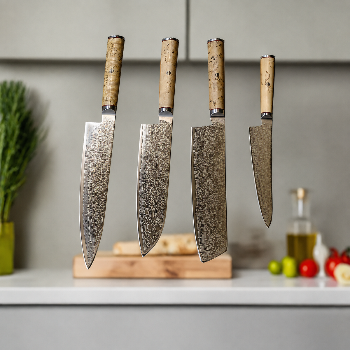 VEYUNA 5-Piece Knife Set - Damascus Steel, Wood Handles & Food Prep