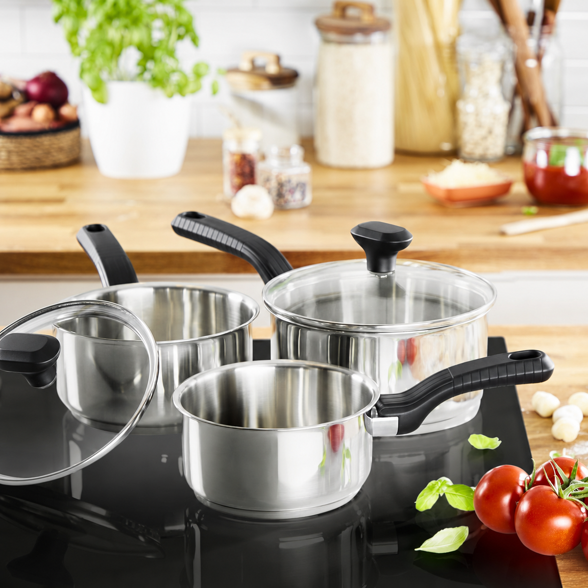 VEYUNA Stainless Steel 3-Piece Pan Set with Lids - Induction Food Prep Cookware