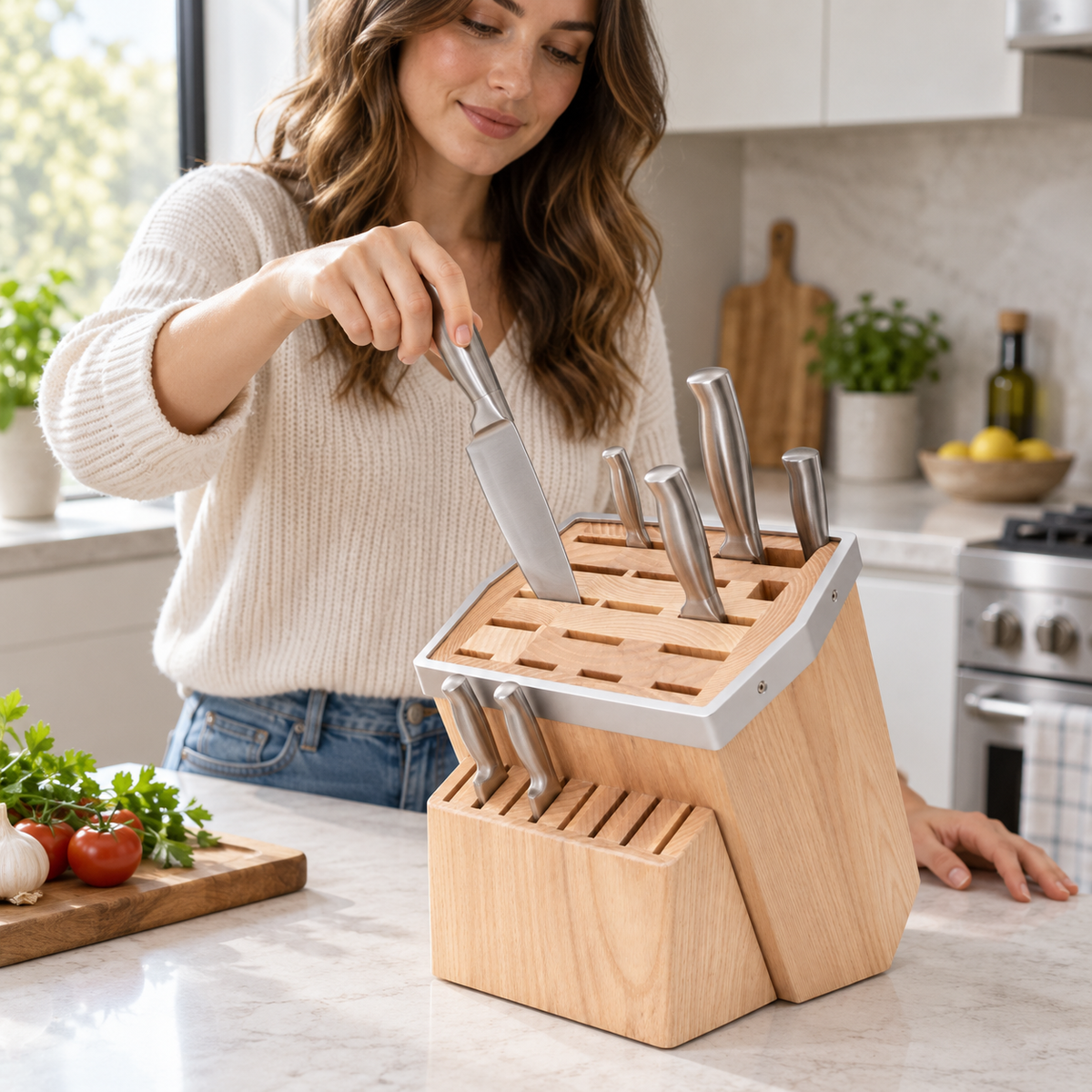 VEYUNA Universal Knife Block, 23-Slot Wood Kitchen Knife Storage Organizer