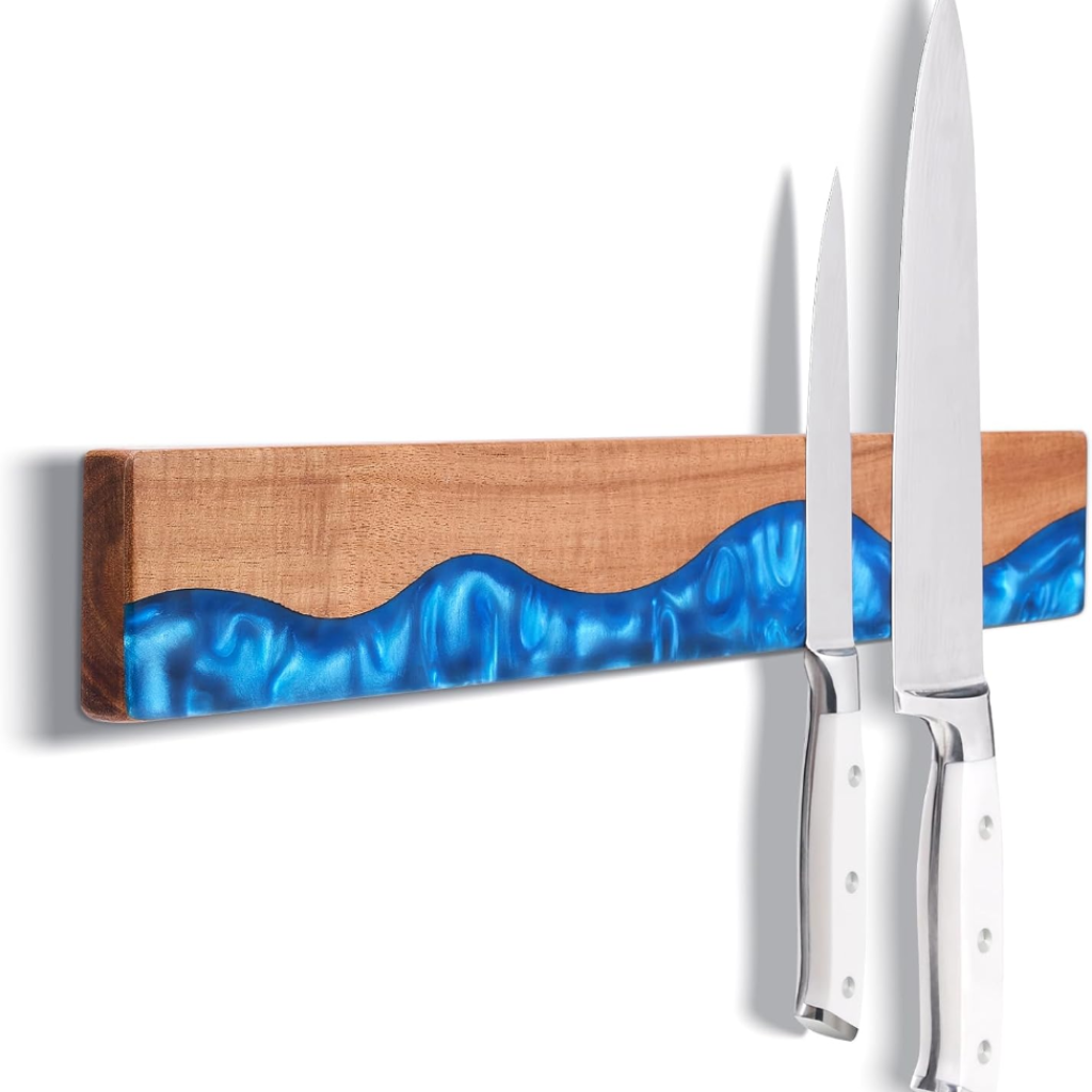 VEYUNA Magnetic Knife Holder – 16-Inch Acacia Wood & Blue Resin for Food Prep
