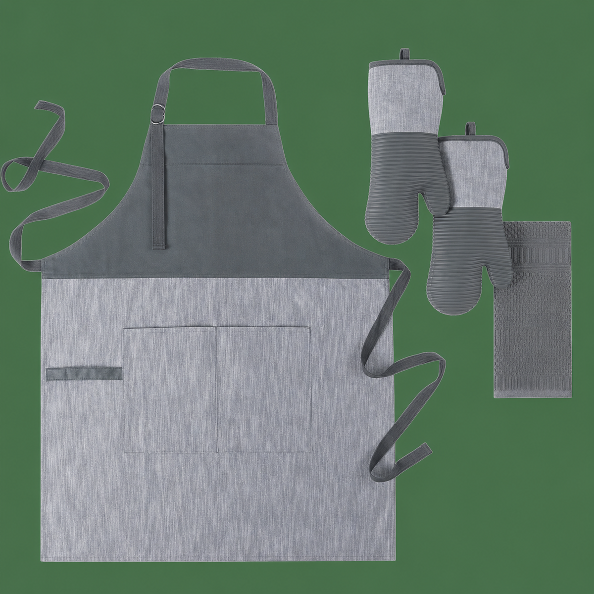 VEYUNA BBQ Apron Set - 4-Piece Grey Grill Mitts & Towel for Food Prep