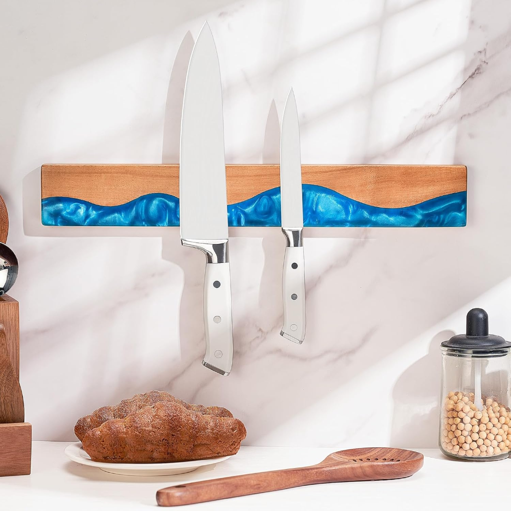 VEYUNA Magnetic Knife Holder – 16-Inch Acacia Wood & Blue Resin for Food Prep