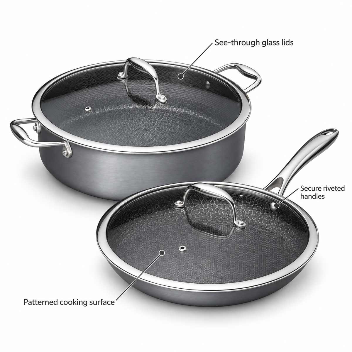 VEYUNA Hybrid Chef Cookware Set with Fry Pan Stockpot Lids Nonstick Stainless Steel