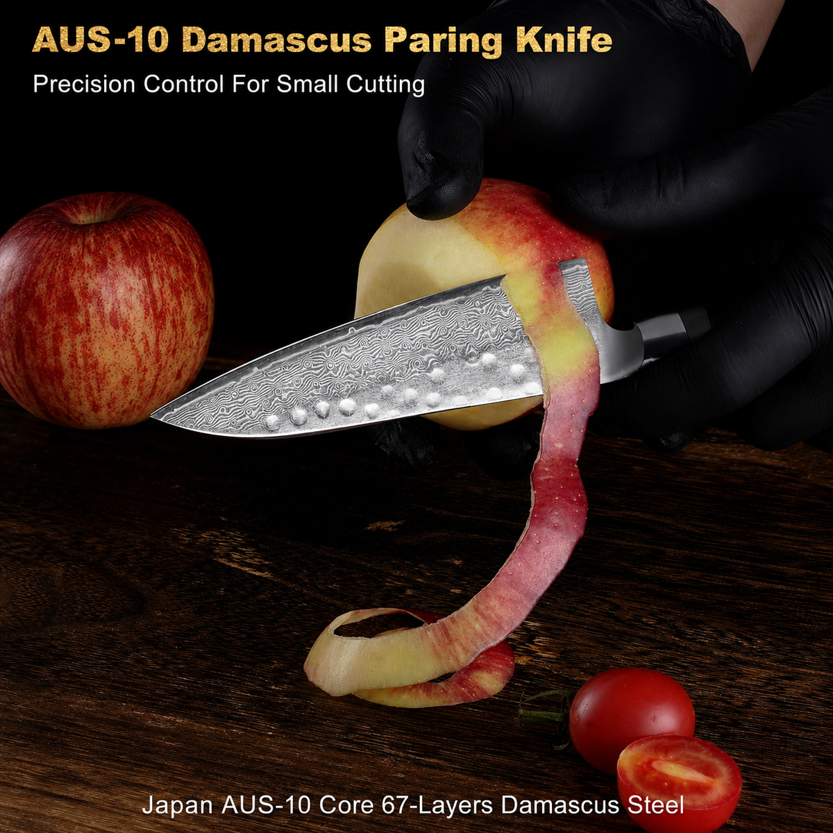 VEYUNA Knife Set 3-Piece – AUS-10 Damascus Steel, Ebony Handle for Food Prep