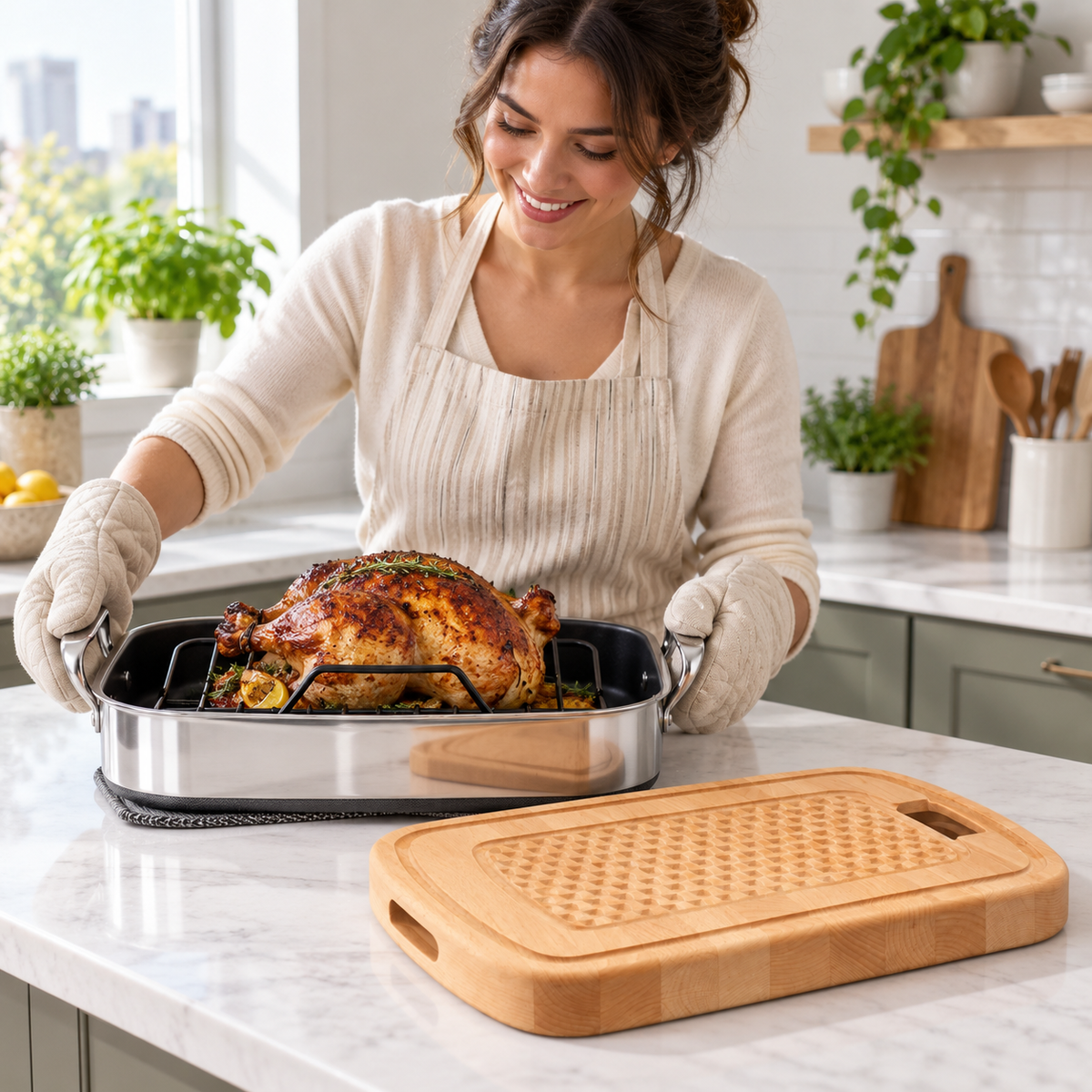 VEYUNA Hybrid Roasting Pan & Cutting Board Set with Rack, Carving Board and Handles