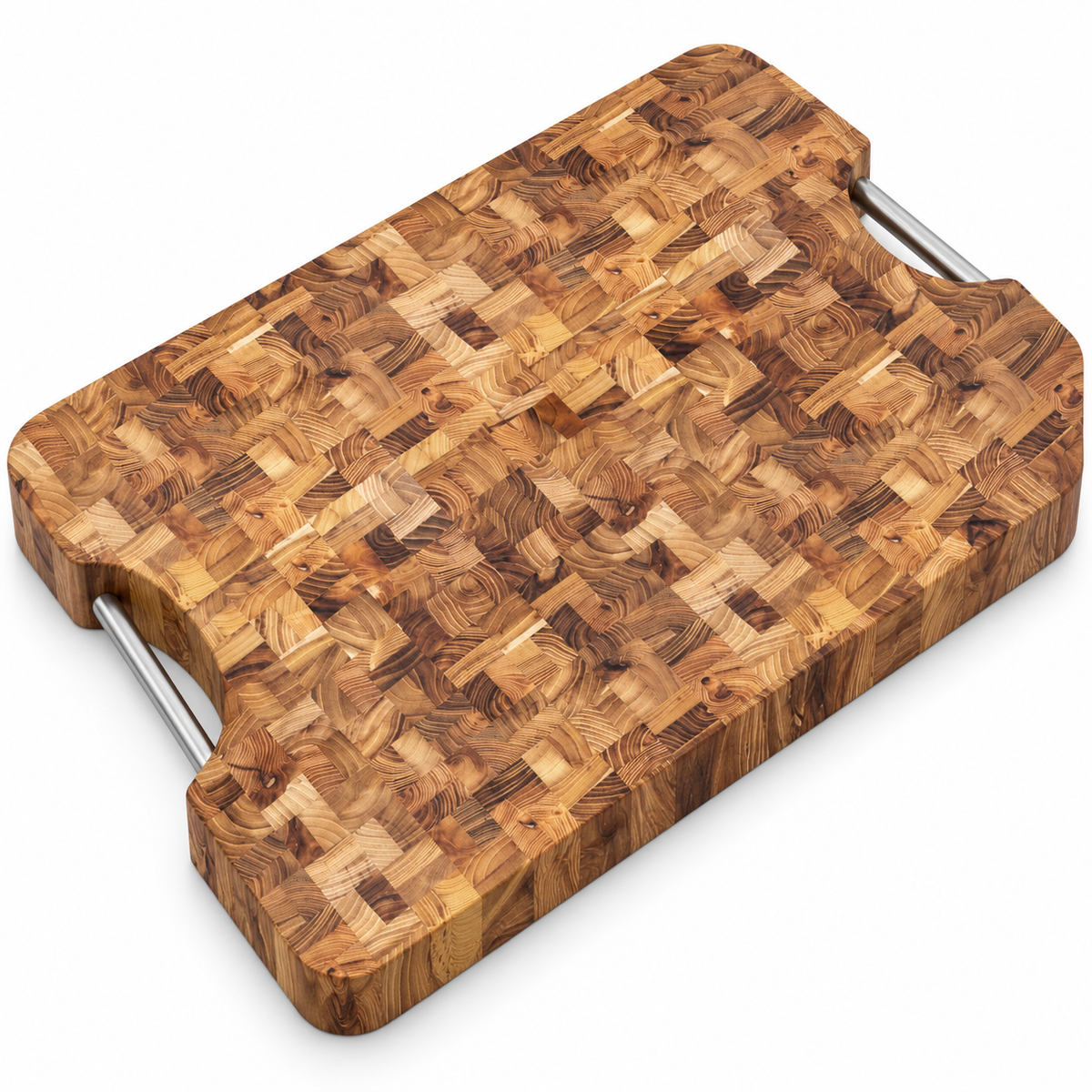 VEYUNA Teak Cutting Board, Colossal End-Grain Butcher Block with Steel Handles