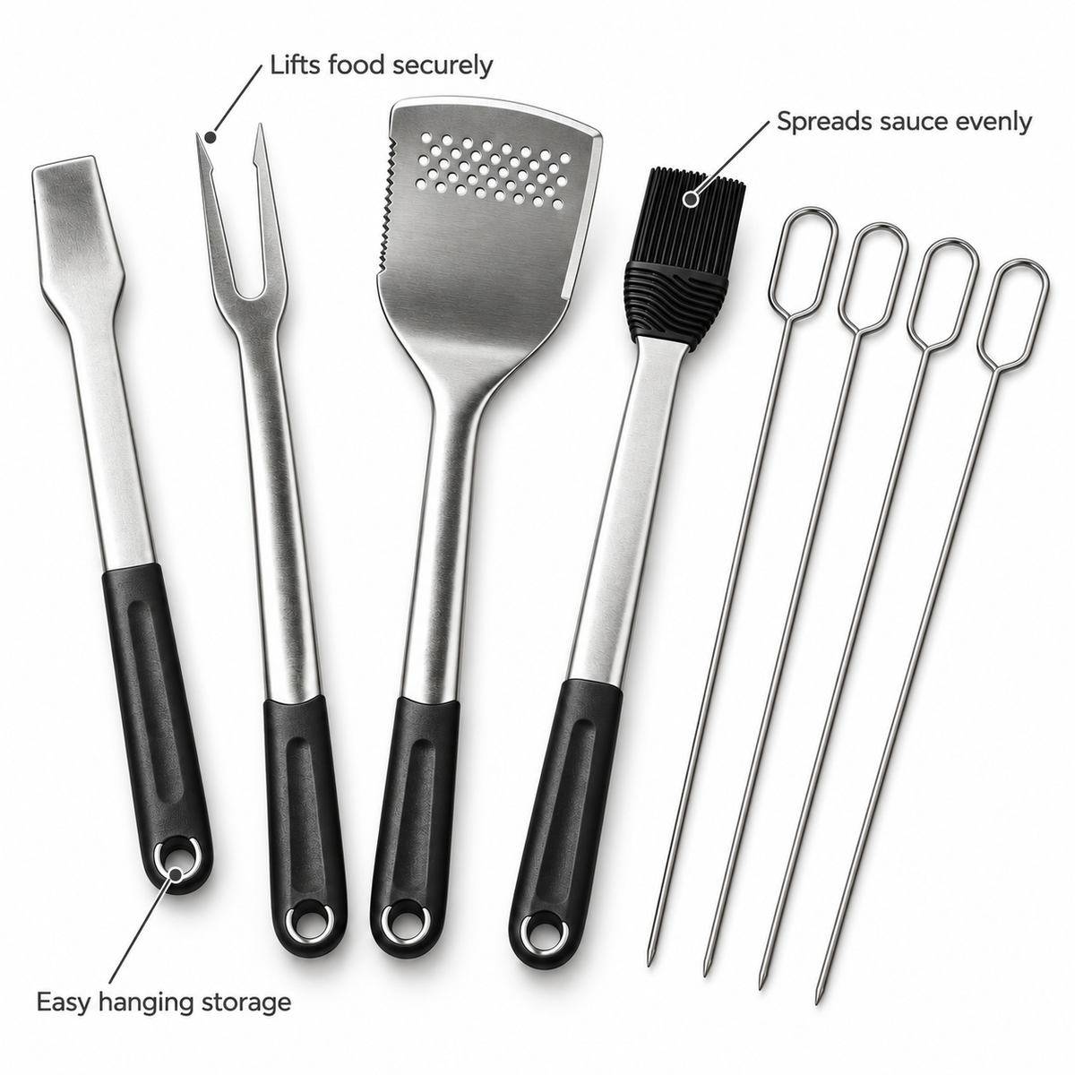 VEYUNA BBQ Tool Set 8-Piece Stainless Steel Grill Utensils with Skewers & Basting Brush