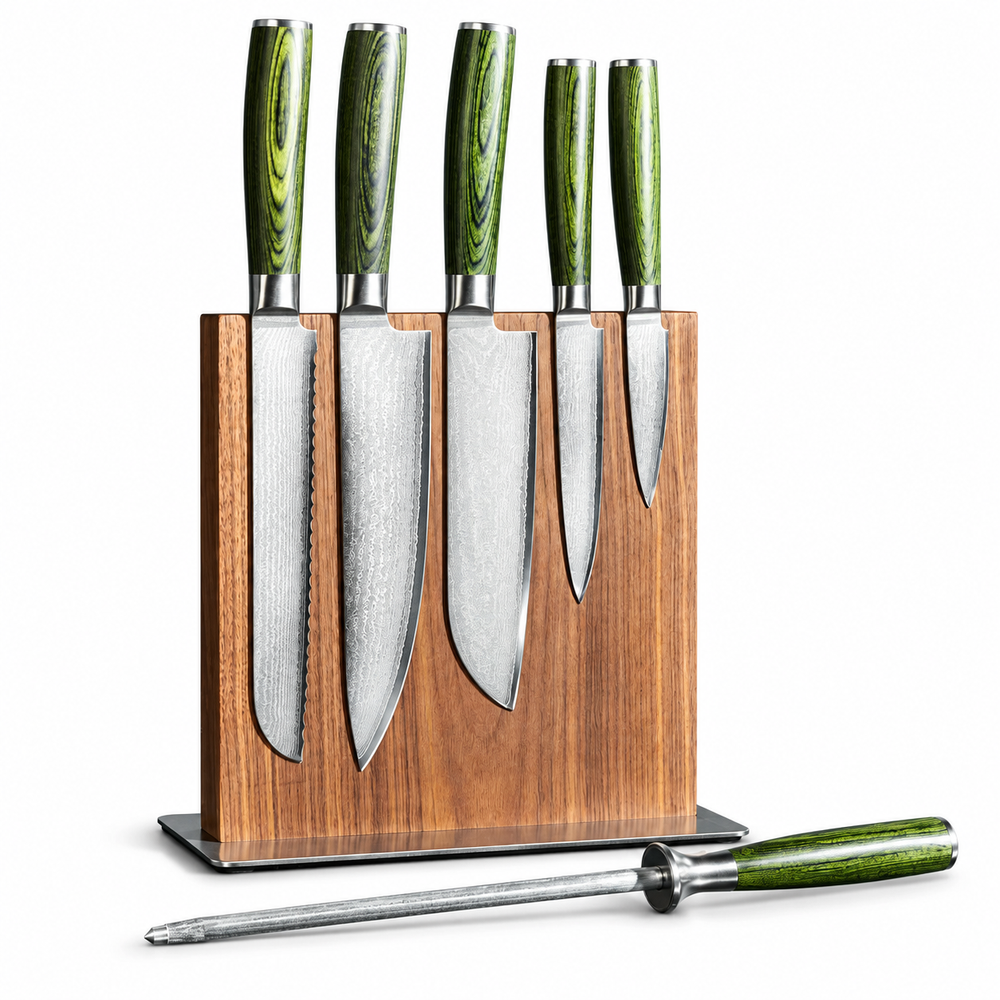 VEYUNA Japanese Damascus Steel Knife Set 6-Piece with Magnetic Wood Block