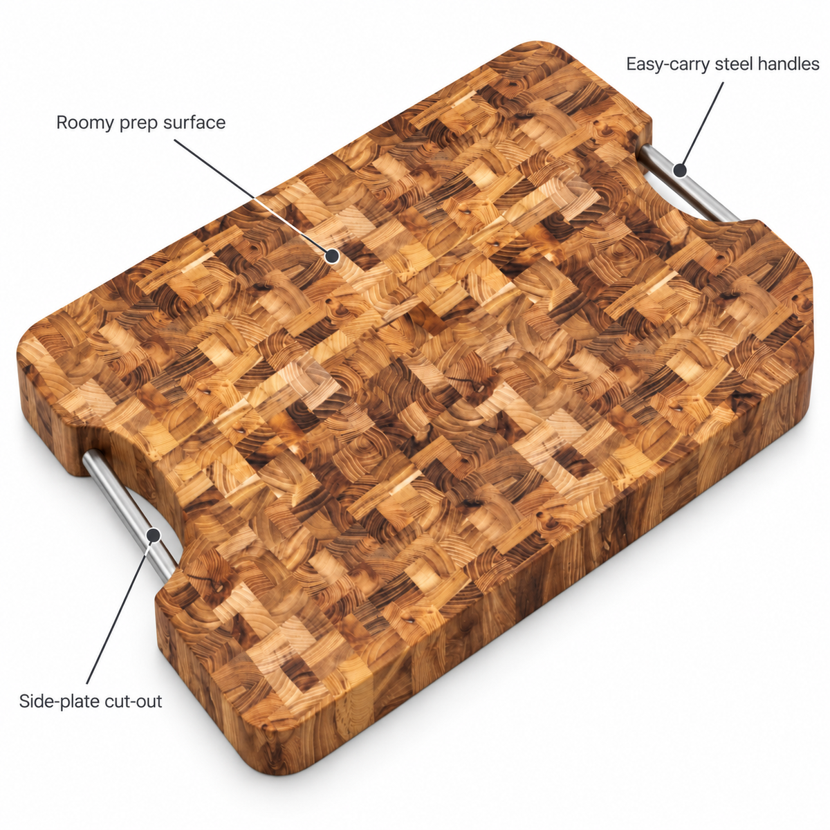 VEYUNA Teak Cutting Board, Colossal End-Grain Butcher Block with Steel Handles