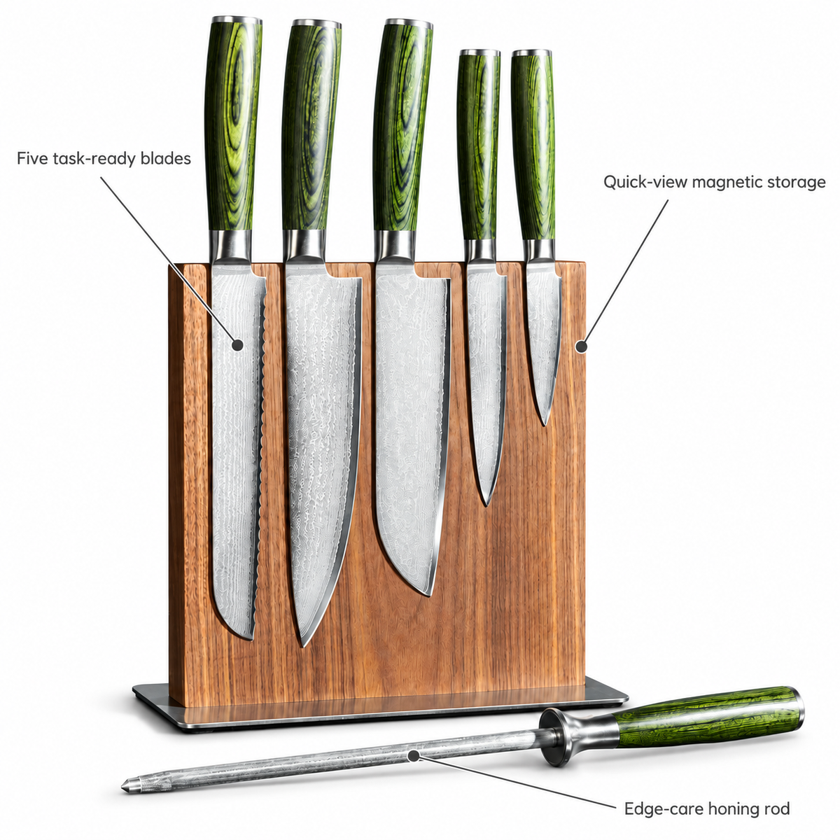 VEYUNA Japanese Damascus Steel Knife Set 6-Piece with Magnetic Wood Block