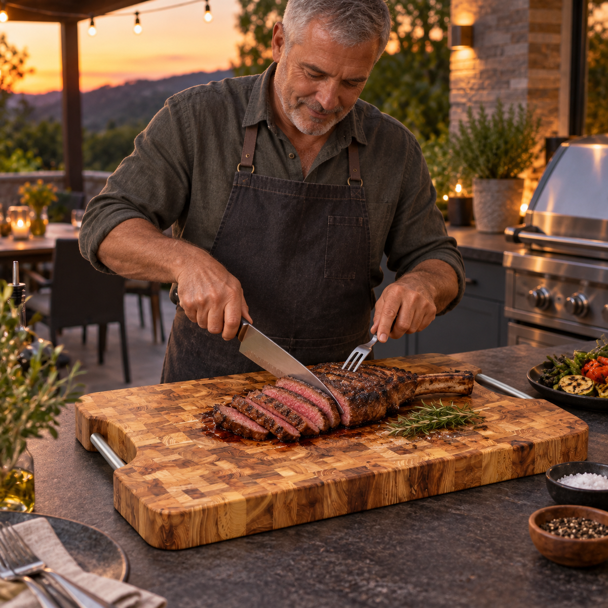VEYUNA Teak Cutting Board, Colossal End-Grain Butcher Block with Steel Handles