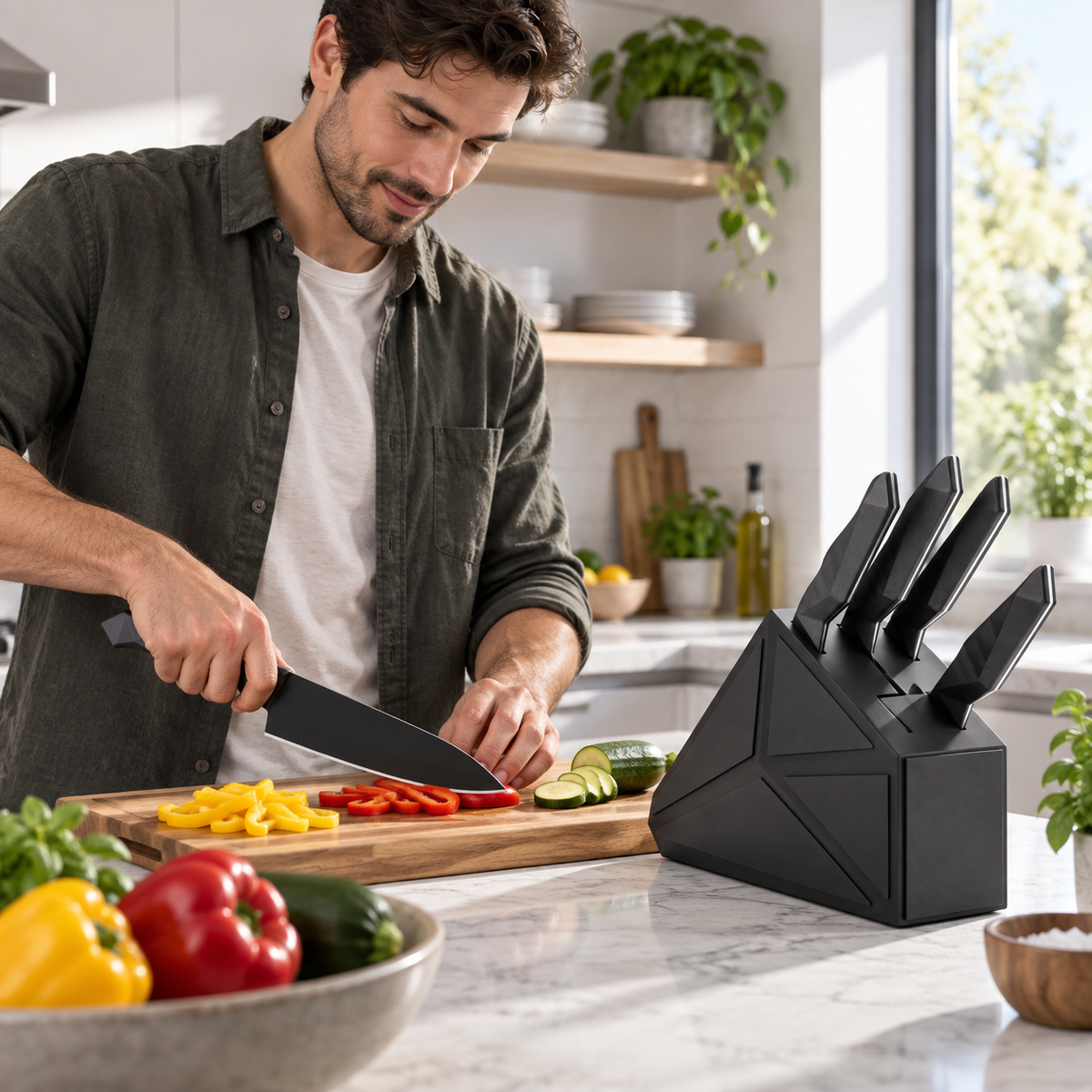 VEYUNA 5-Piece Knife Block Set, Shadow Black, High Carbon Steel, NSF Certified
