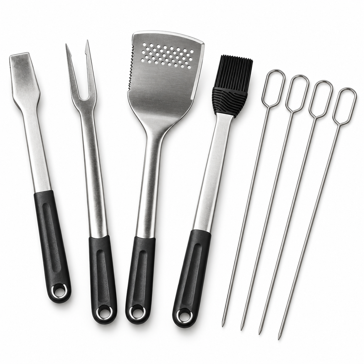 VEYUNA BBQ Tool Set 8-Piece Stainless Steel Grill Utensils with Skewers & Basting Brush
