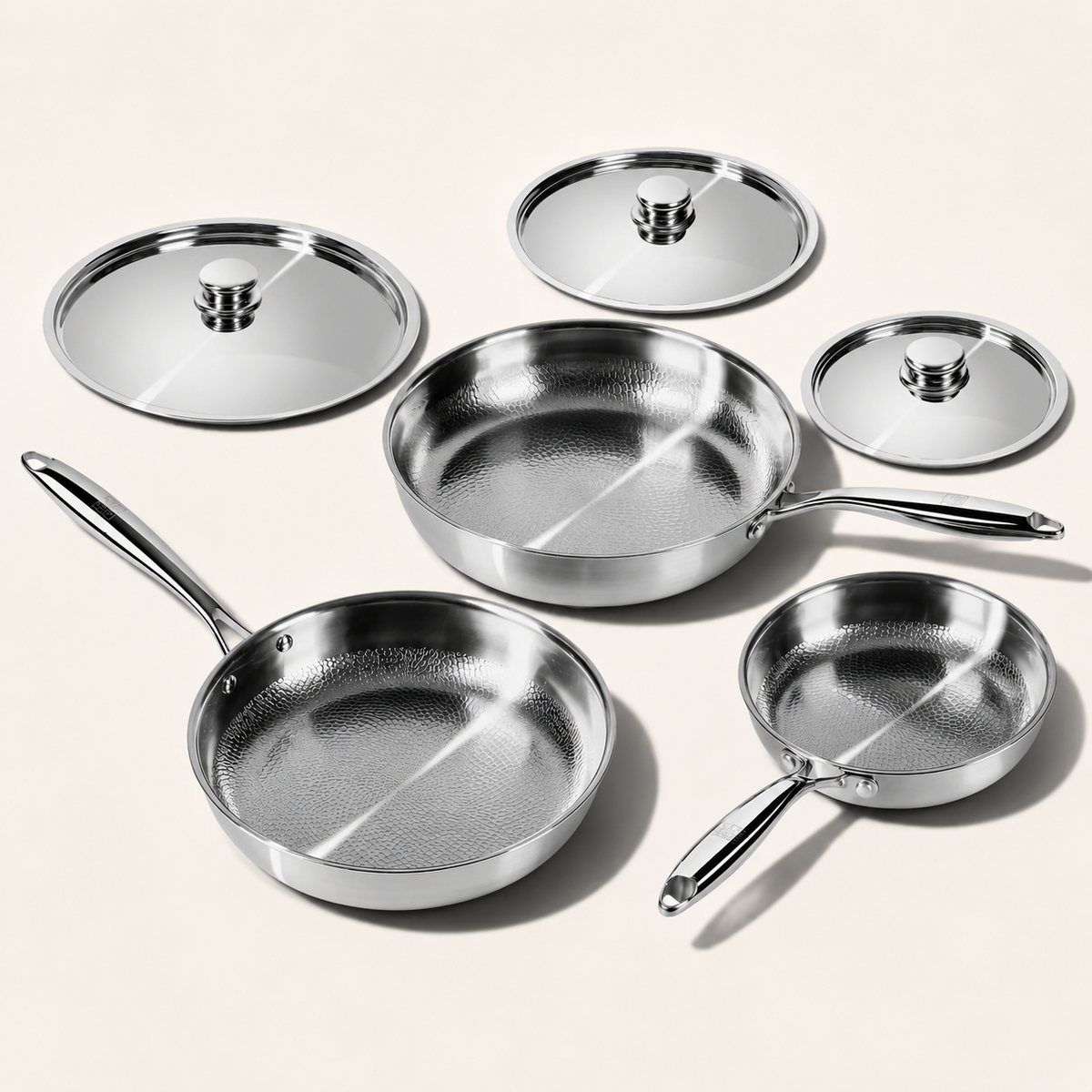 VEYUNA Titanium Hammered Pan Set - 6-Piece Cookware with Lids for Food Prep