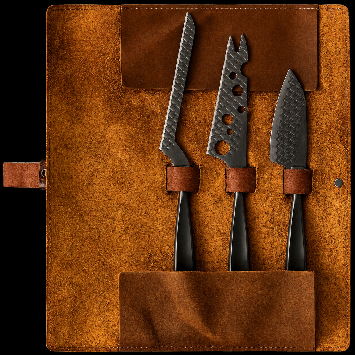 VEYUNA 3-Piece Cheese Knife Set with Leather Roll - Stainless Steel Food Prep
