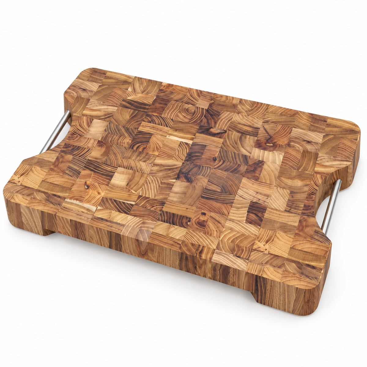 VEYUNA Teak Cutting Board, Medium End-Grain Butcher Block with Stainless Steel Handles