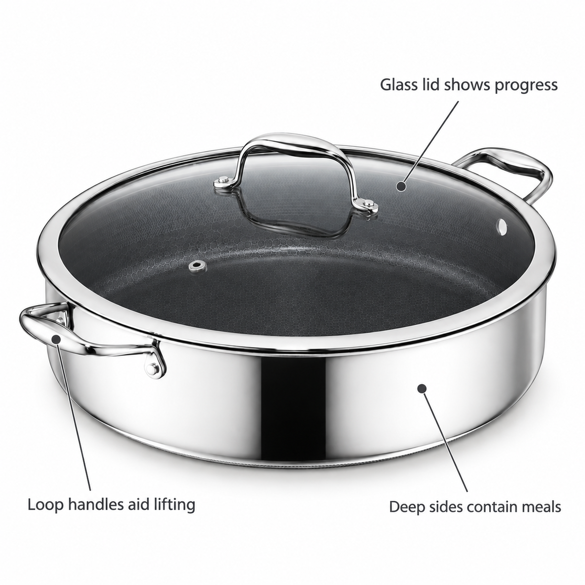 VEYUNA Hybrid Deep Sauté Pan 9.5L with Lid, Stainless Steel Nonstick Cooking Pan