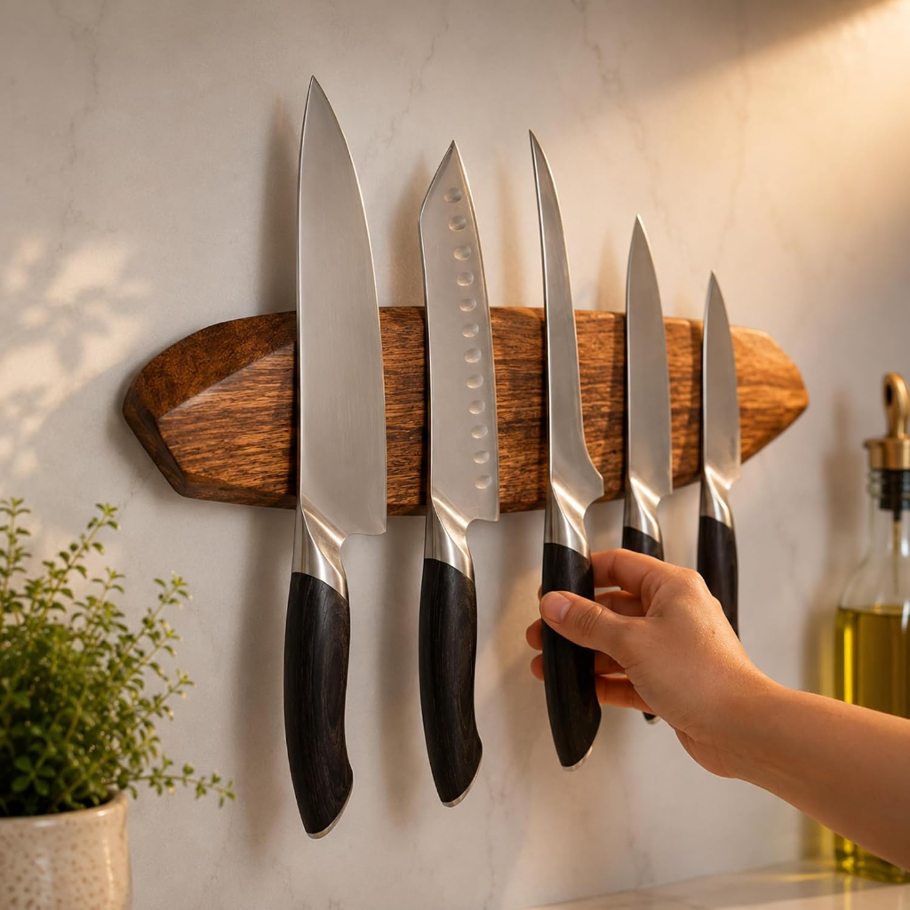 VEYUNA Magnetic Knife Holder – 16-Inch Acacia Wood Wall Bar for Food Prep