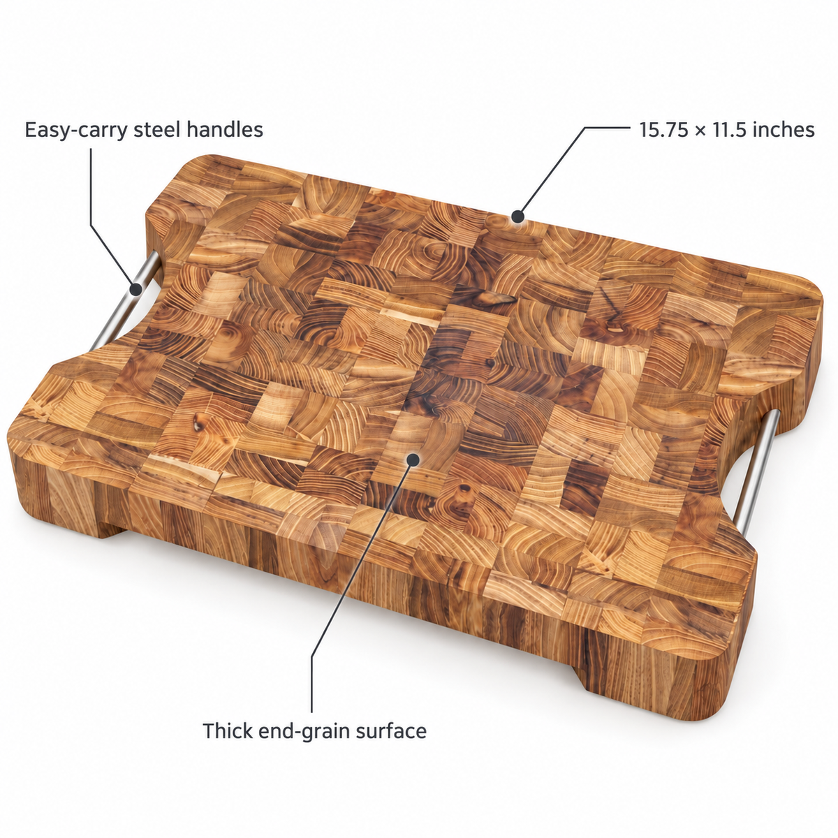VEYUNA Teak Cutting Board, Medium End-Grain Butcher Block with Stainless Steel Handles