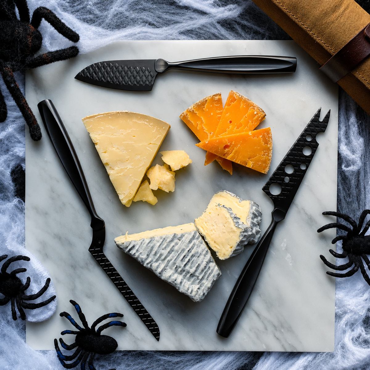 VEYUNA 3-Piece Cheese Knife Set with Leather Roll - Stainless Steel Food Prep