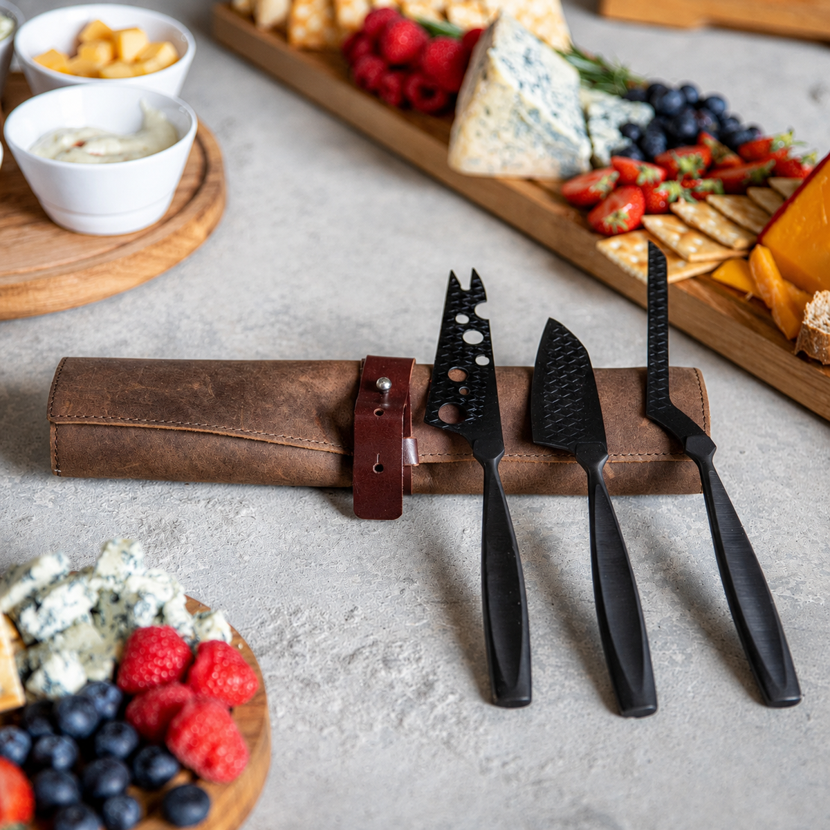 VEYUNA 3-Piece Cheese Knife Set with Leather Roll - Stainless Steel Food Prep