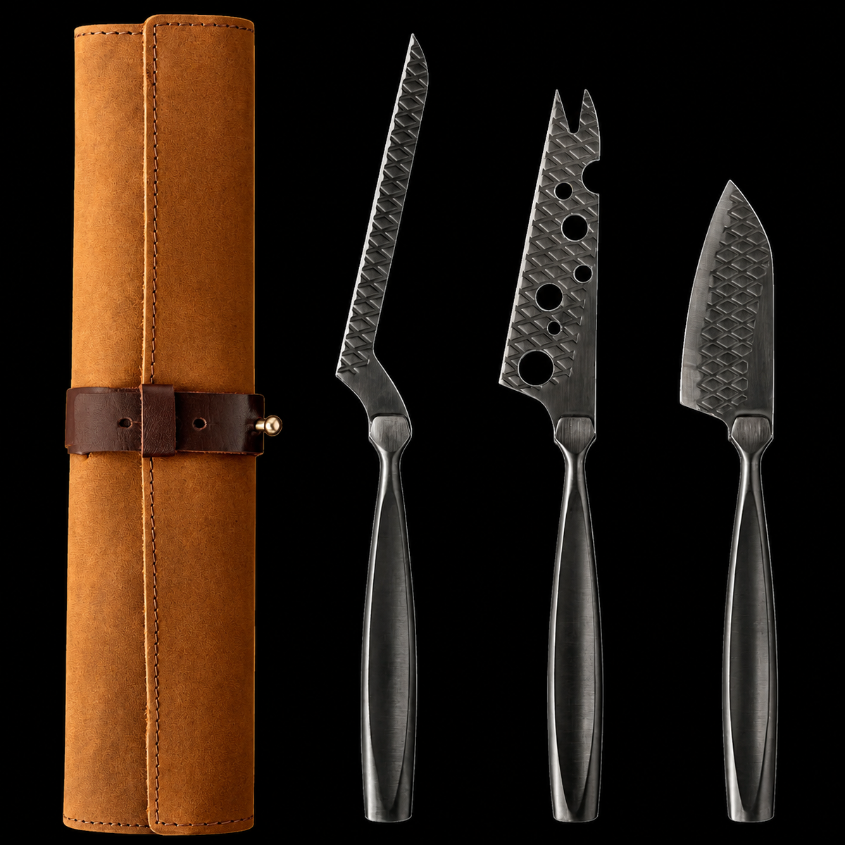 VEYUNA 3-Piece Cheese Knife Set with Leather Roll - Stainless Steel Food Prep
