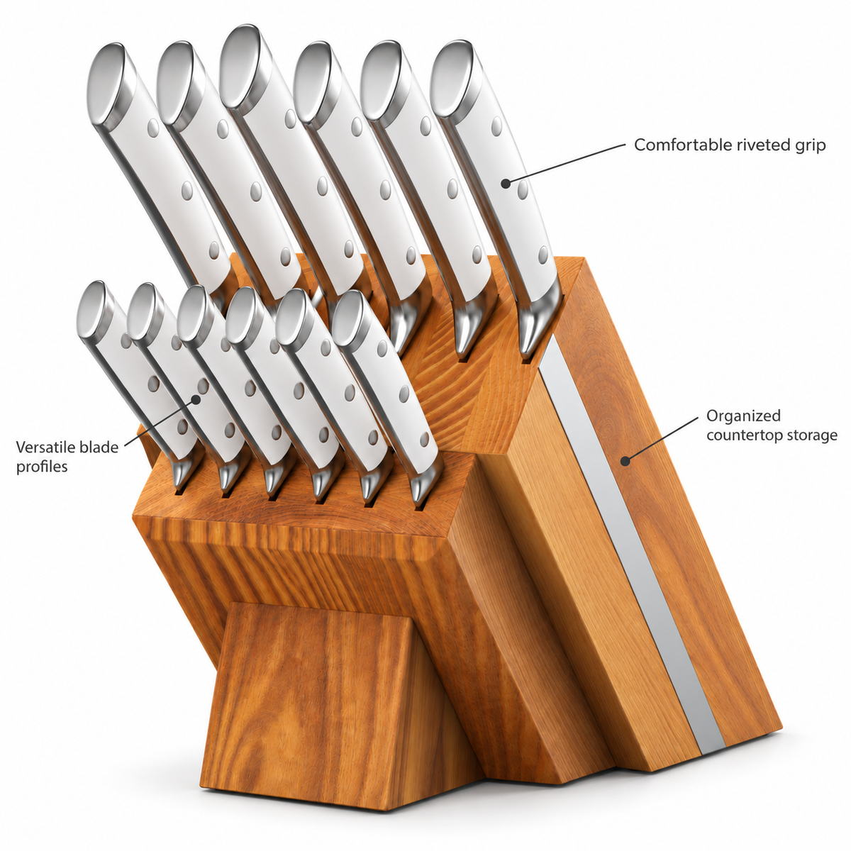 VEYUNA 12-Piece Knife Block Set with White Handles, High Carbon Steel, NSF Certified