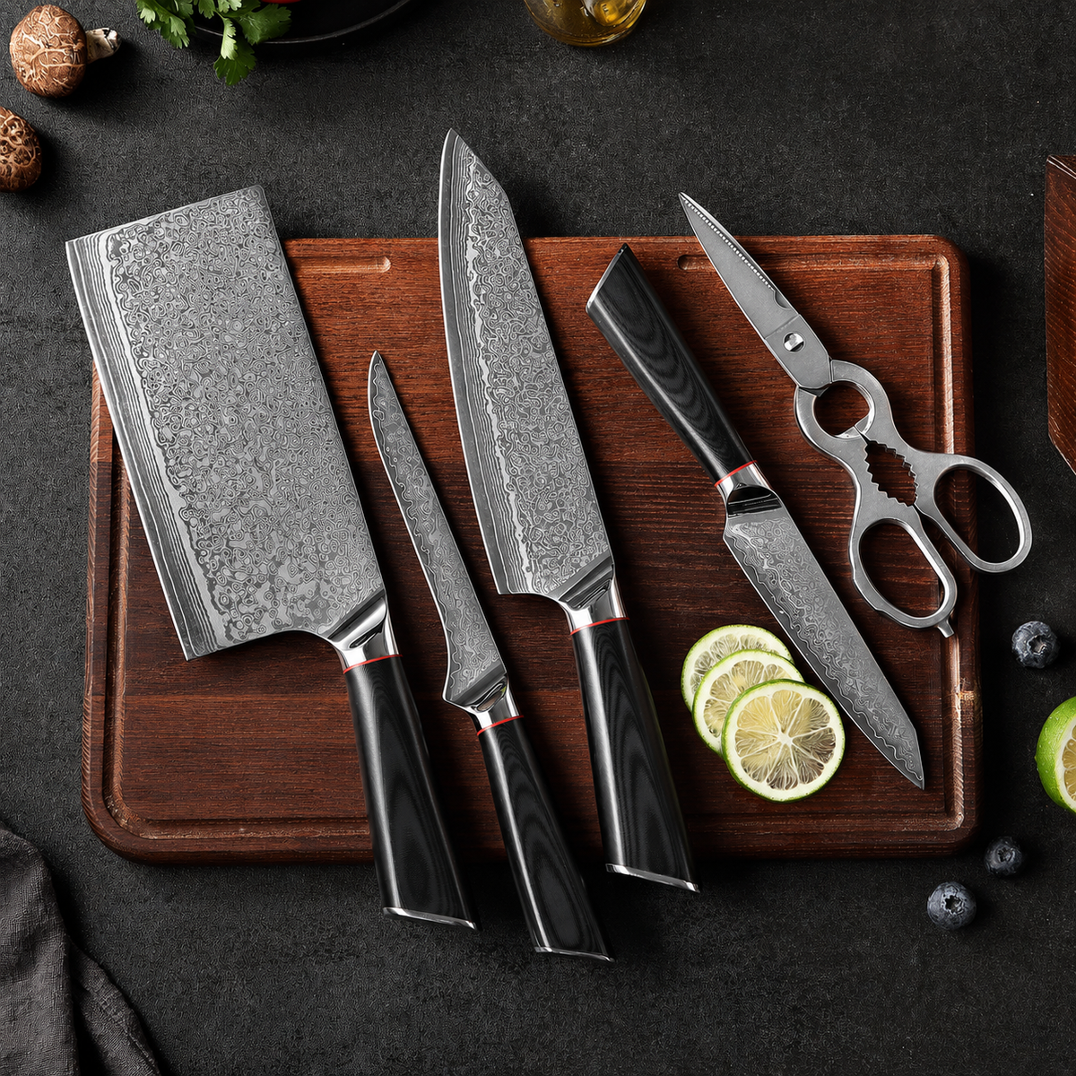 VEYUNA 6-Piece Knife Set with Wood Block - 4 Knives, Shears for Food Prep