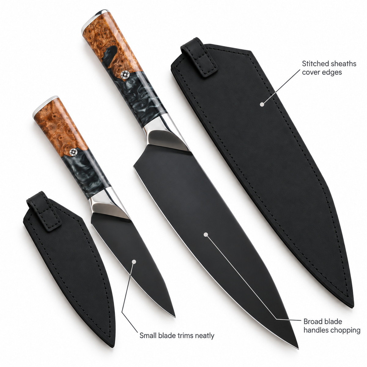 VEYUNA 2-Piece Knife Set, Chef & Paring Knives, Ravenstone Edition with Sheaths