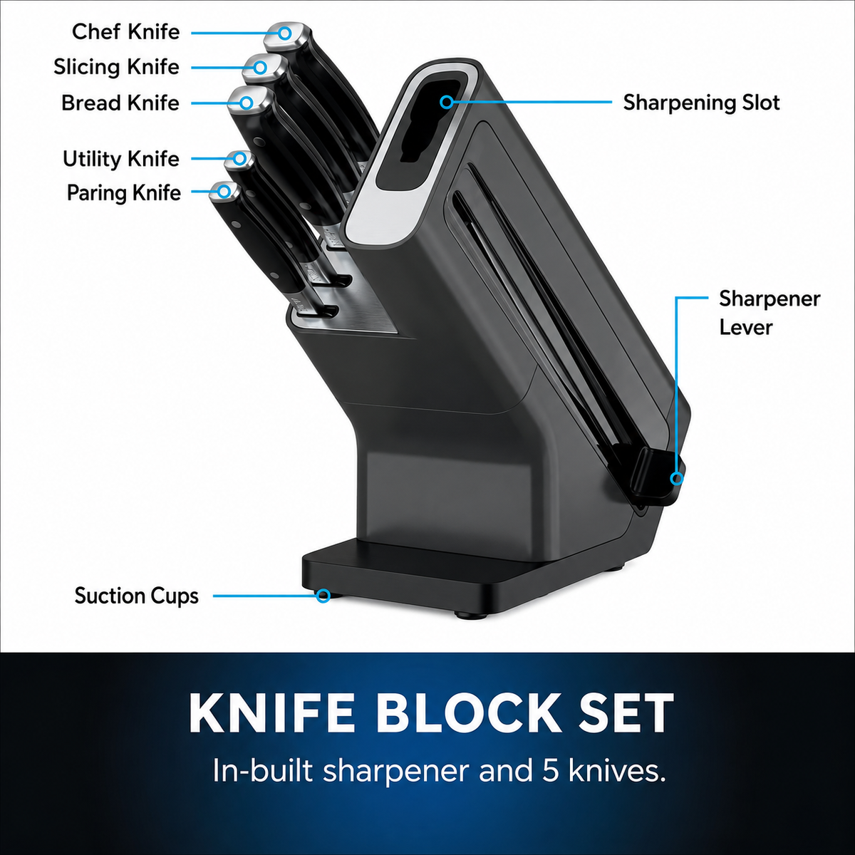 VEYUNA 5-Piece Knife Block Set with Sharpener - Stainless Steel Food Prep