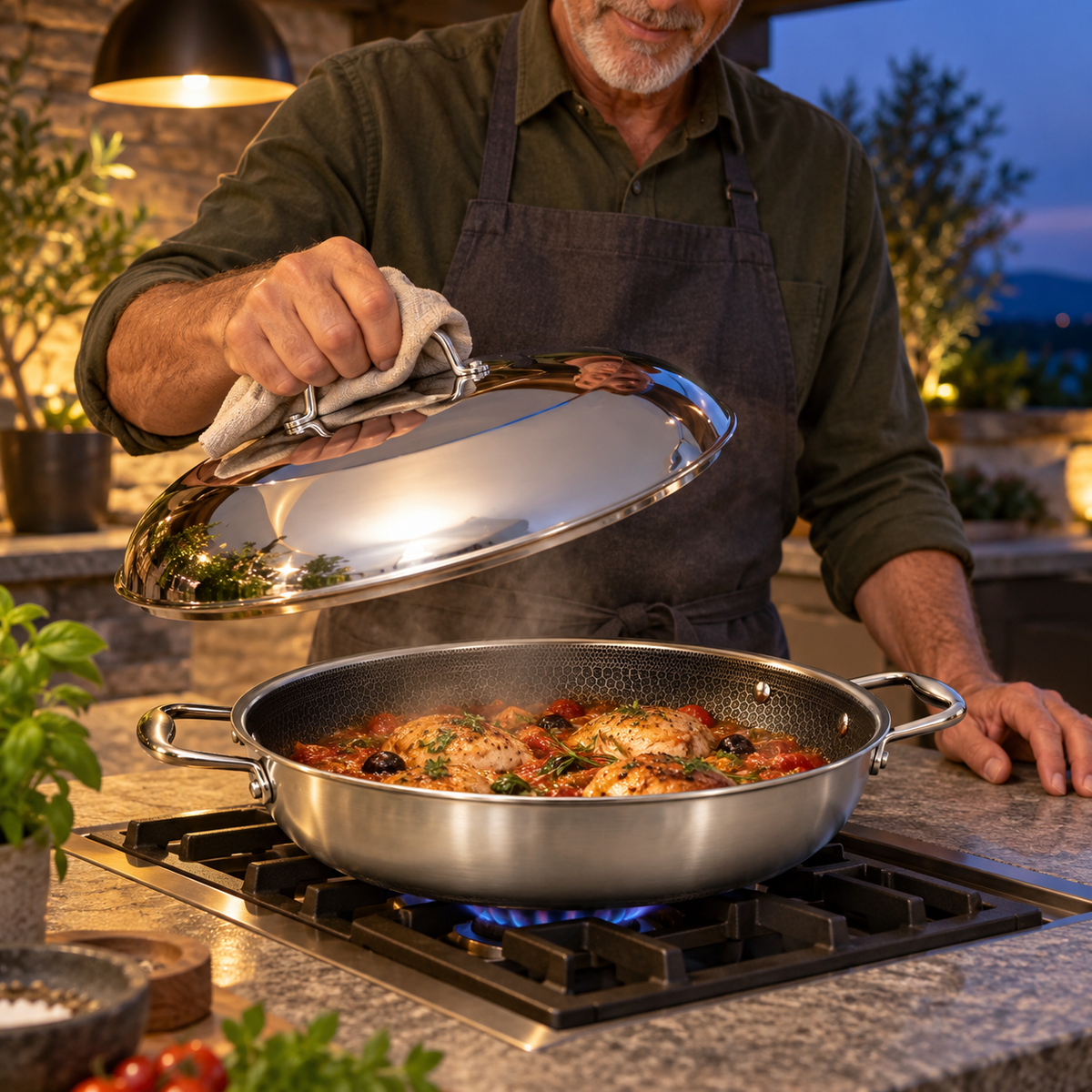 VEYUNA Hybrid Frying Pan 35cm with Lid, Nonstick Stainless Steel Skillet