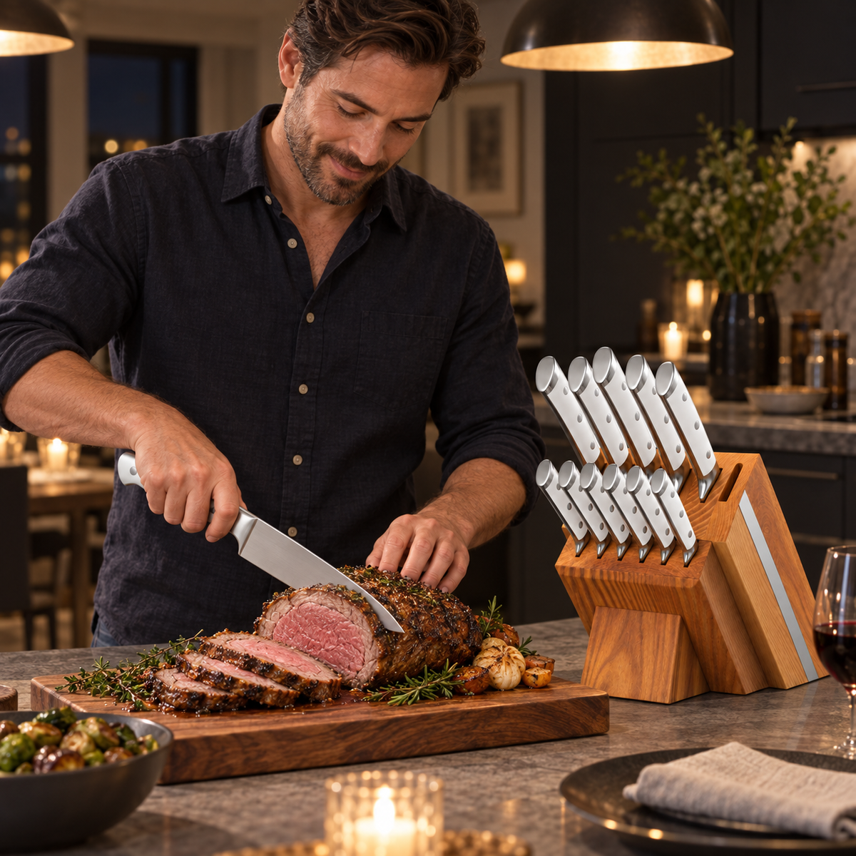 VEYUNA 12-Piece Knife Block Set with White Handles, High Carbon Steel, NSF Certified