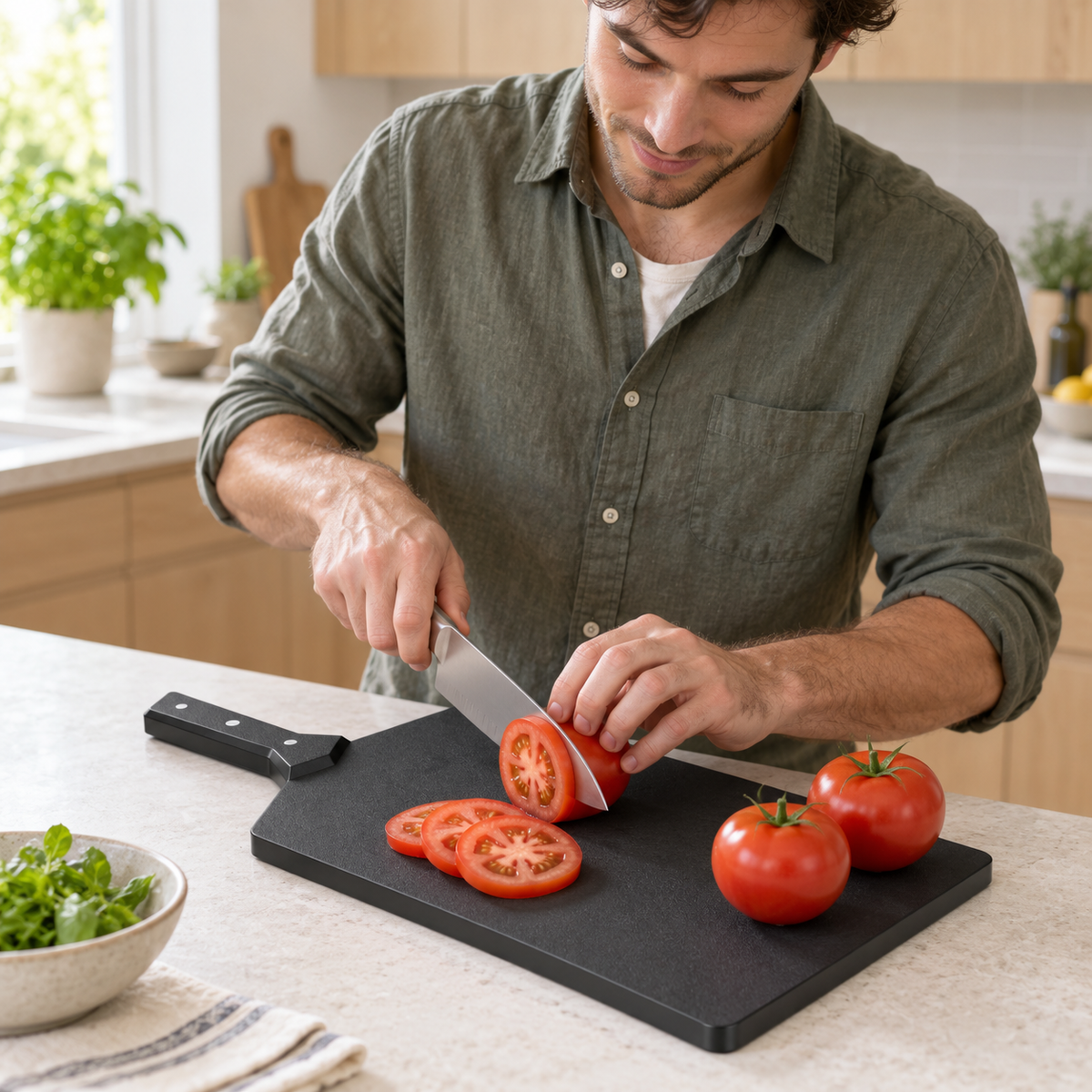 VEYUNA Wood Fiber Cutting Board, Obsidian Black with Handle & Non-Slip Feet