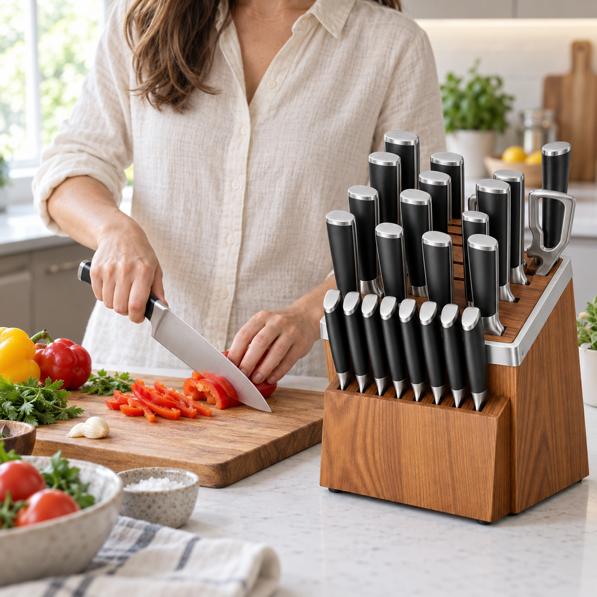 VEYUNA 24-Piece Knife Block Set, German Steel, Kitchen Shears, NSF Certified