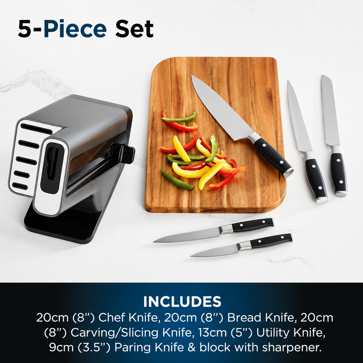 VEYUNA 5-Piece Knife Block Set with Sharpener - Stainless Steel Food Prep