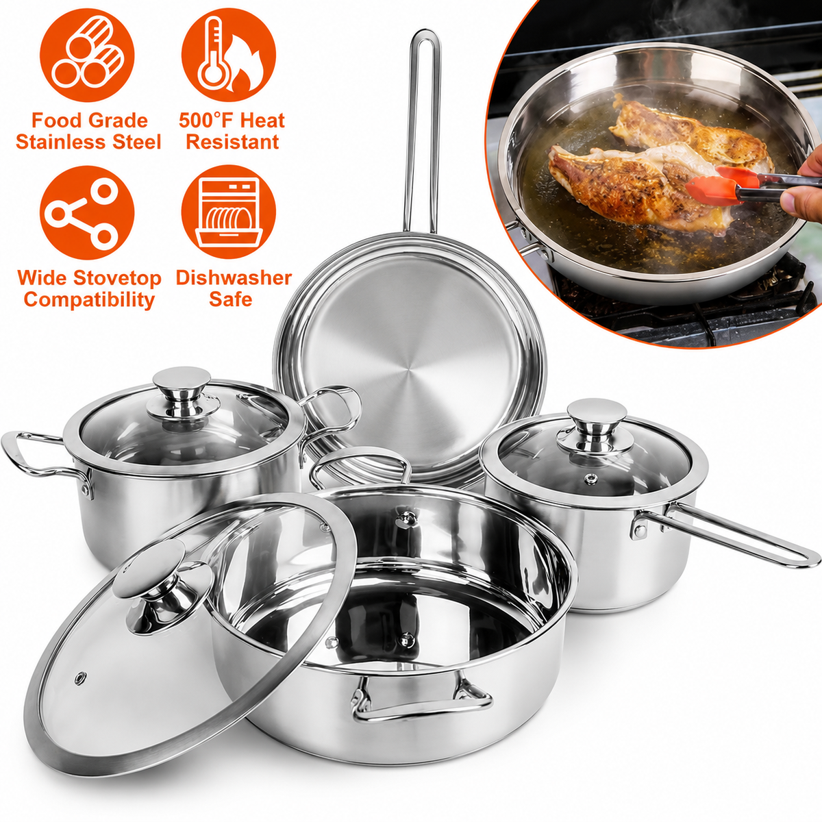 VEYUNA Cookware Set 7-Piece Stainless Steel, Meal Prep, Induction Ready Pots & Pans