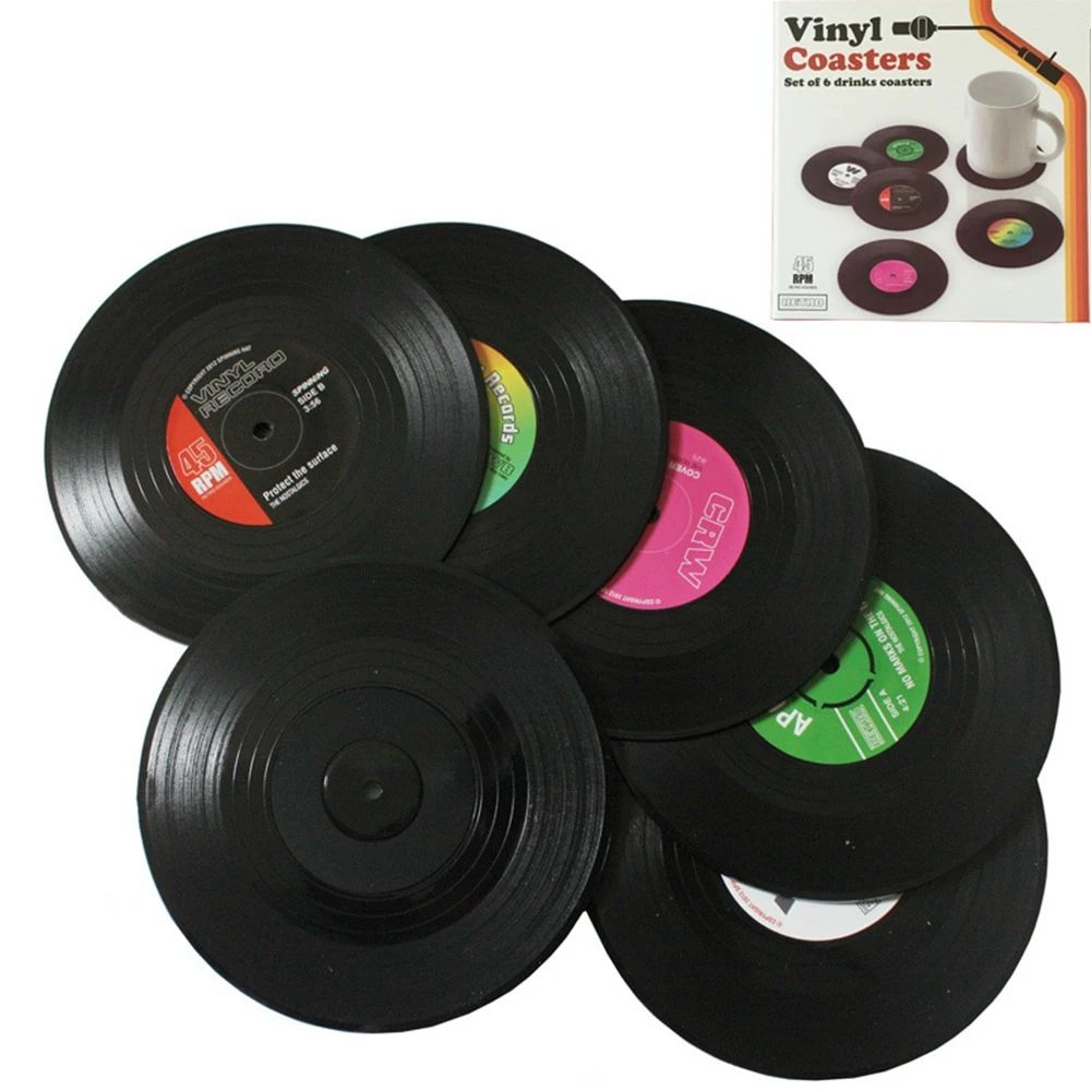 VEYUNA Drink Coaster Set, 6-Piece Heat-Resistant Non-Slip Vinyl Records for Homes
