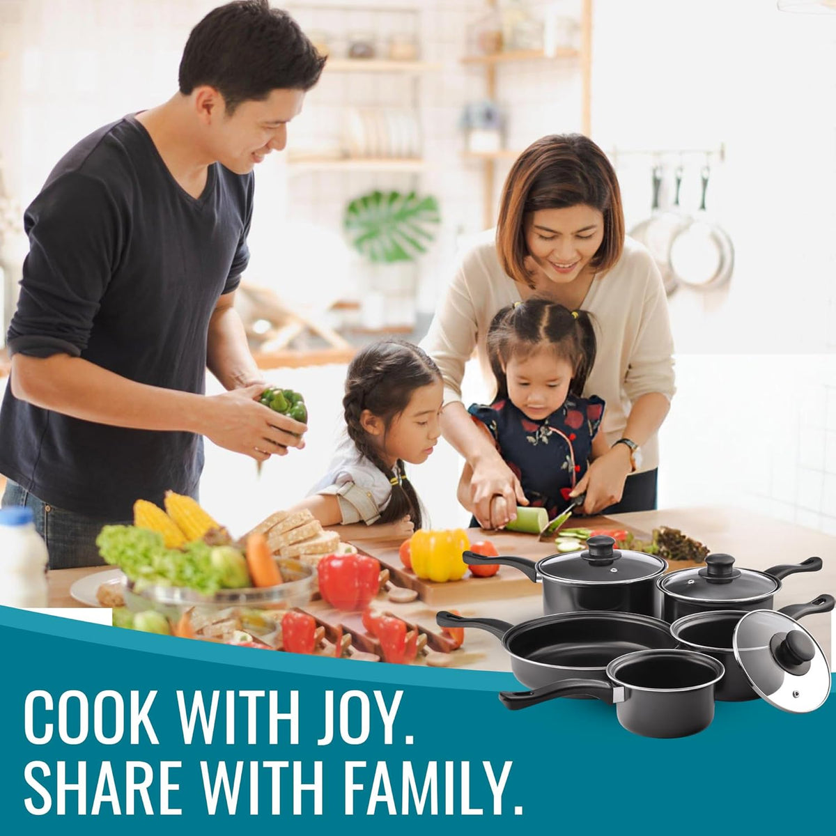 VEYUNA Cookware Set – Non-Stick Carbon Steel Food Prep Pans with Glass Lids