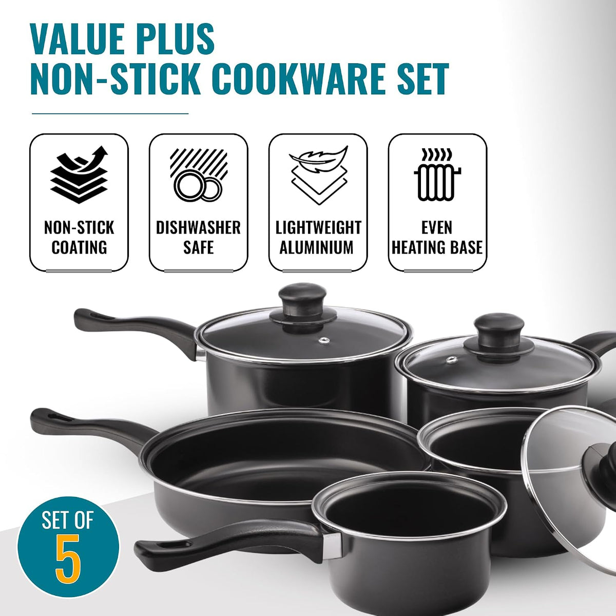 VEYUNA Cookware Set – Non-Stick Carbon Steel Food Prep Pans with Glass Lids