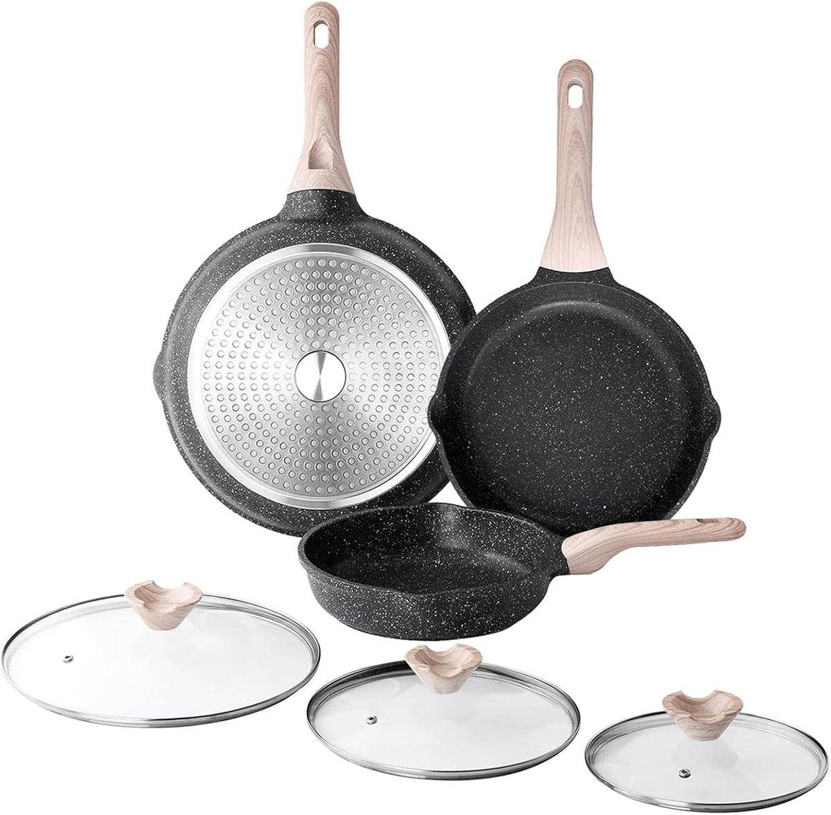 VEYUNA Ceramic Nonstick Pan Set with Lids – 3-Piece Induction Cookware for Food Prep