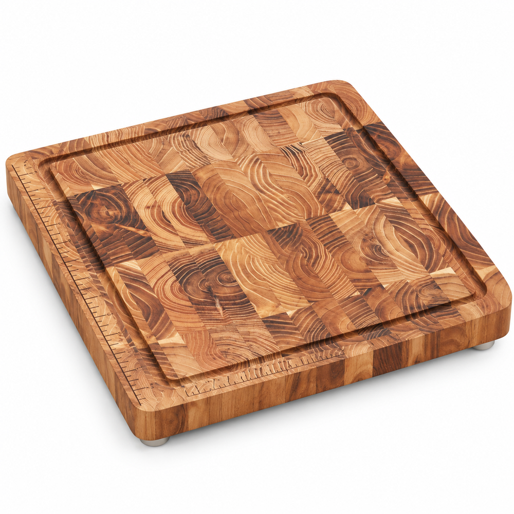 VEYUNA End-Grain Teak Cutting Board, Medium with Juice Groove & Measurement Grid