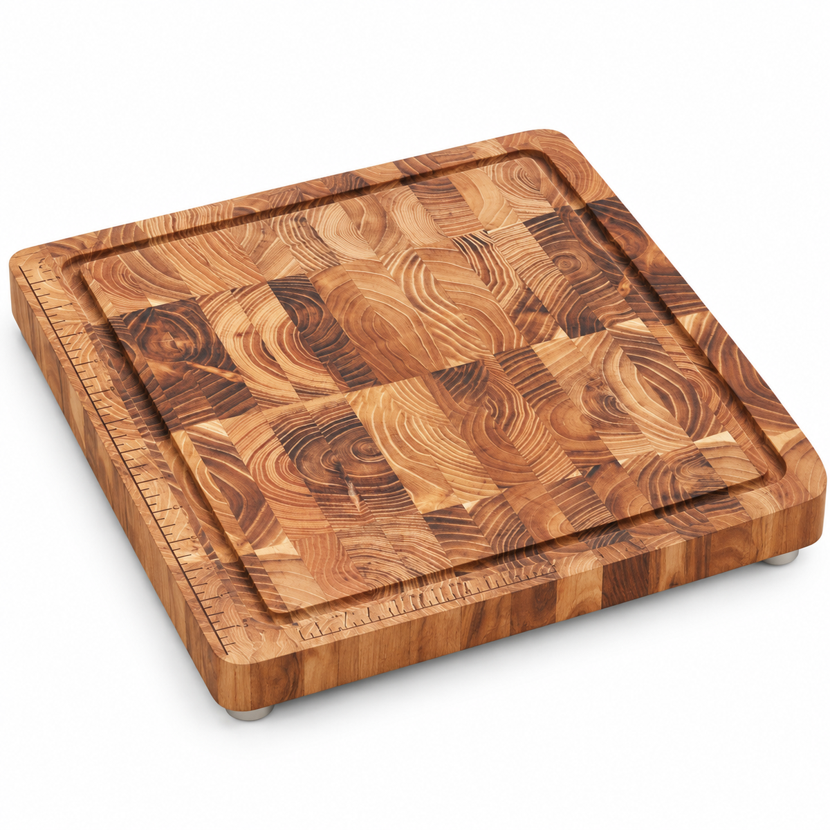 VEYUNA End-Grain Teak Cutting Board, Medium with Juice Groove & Measurement Grid